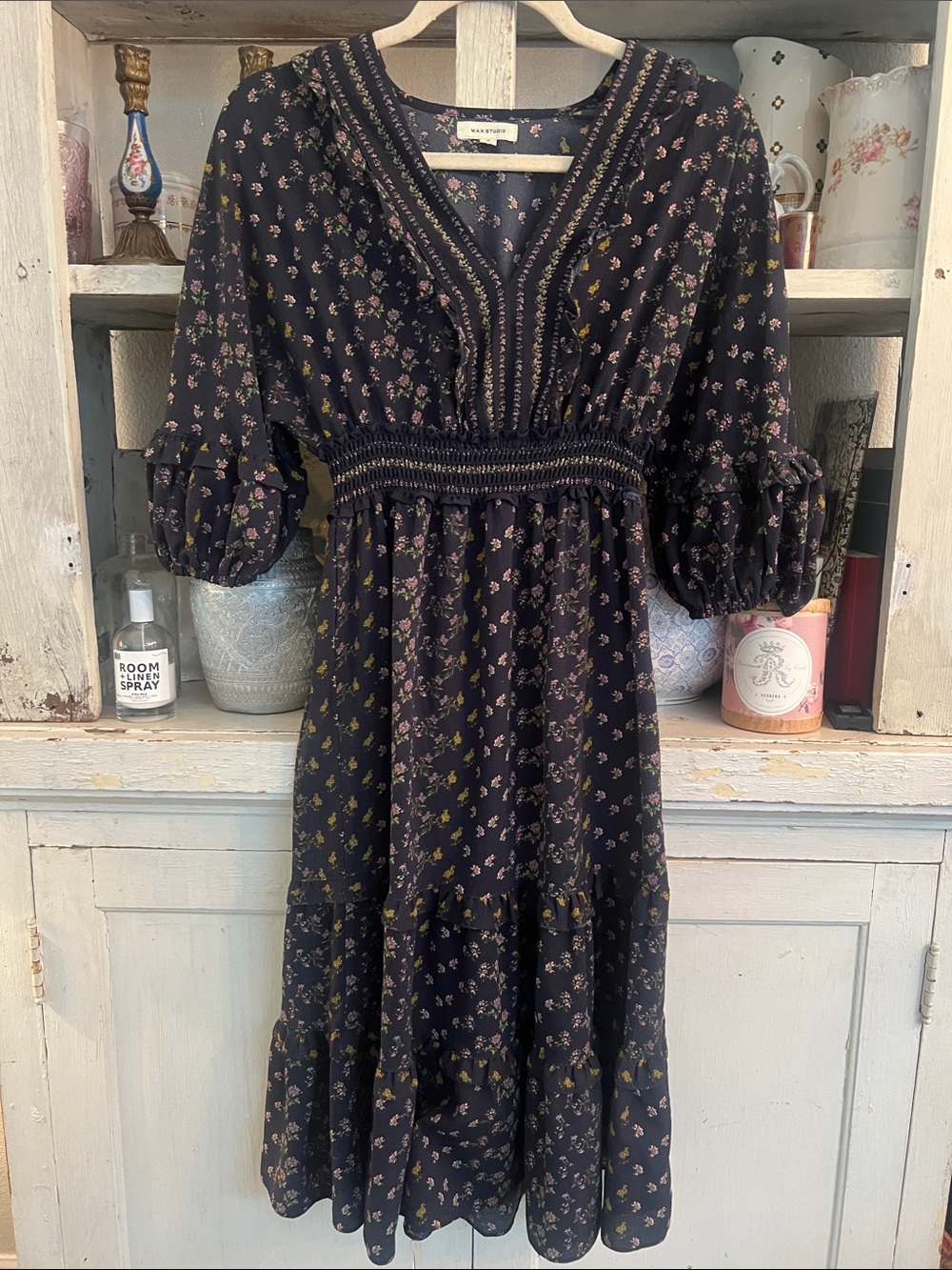 Max Studio Black Floral Smocked V-Neck Midi Dress Size Small NWOT !!!